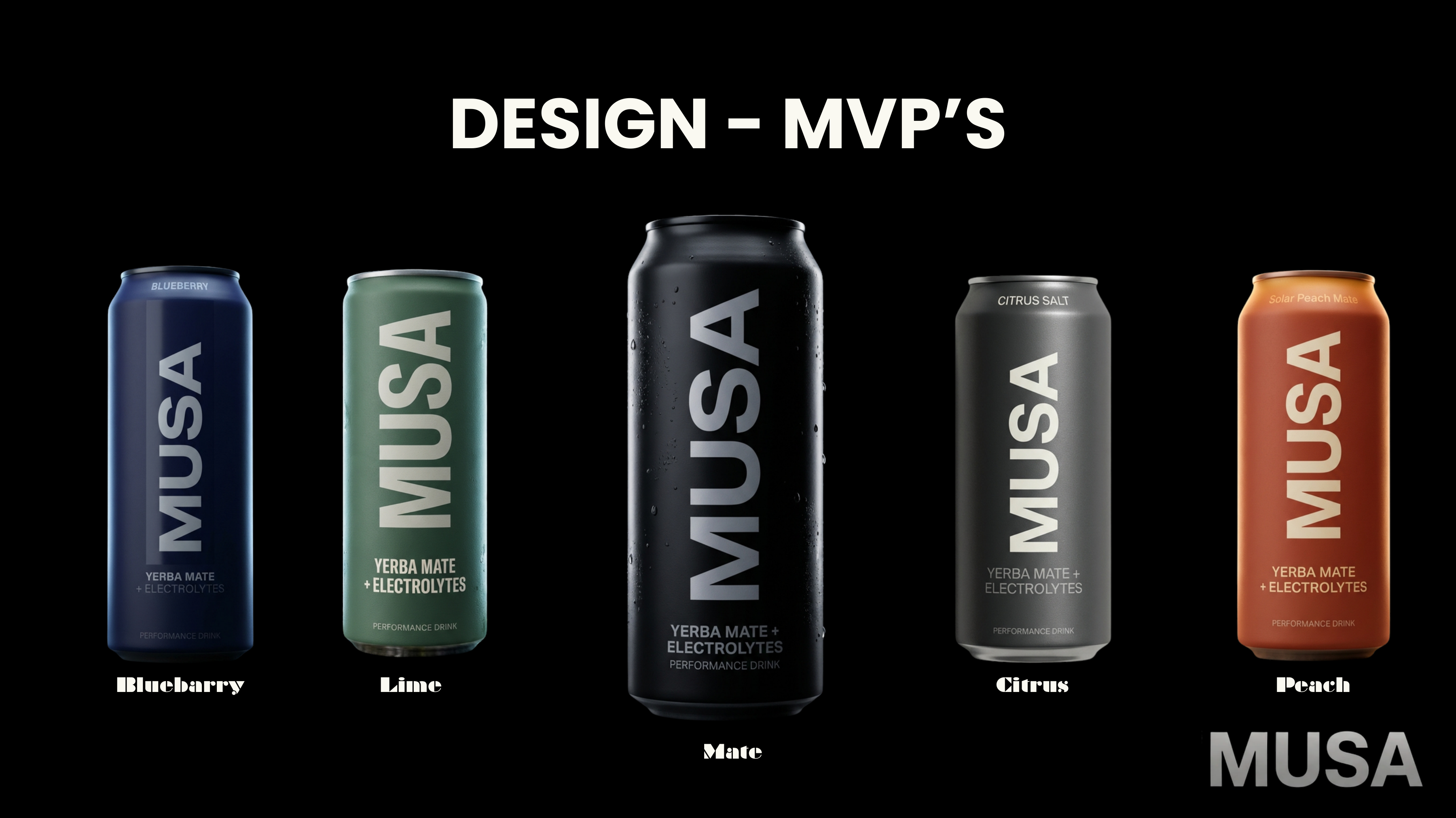MUSA product line  -  five can designs: Blueberry, Lime, Mate, Citrus, Peach
